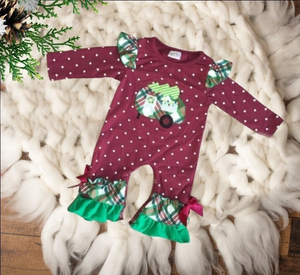Baby & Toddler Ruffled Romper Jumpsuits - Burgundy Polka Dot - Trailer. Green plaid ruffle on feets & on the shoulder. Trailer is also green plaid.