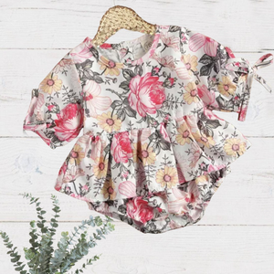 Girls Dusty Rose Floral Tie Sleeve Skirted Romper