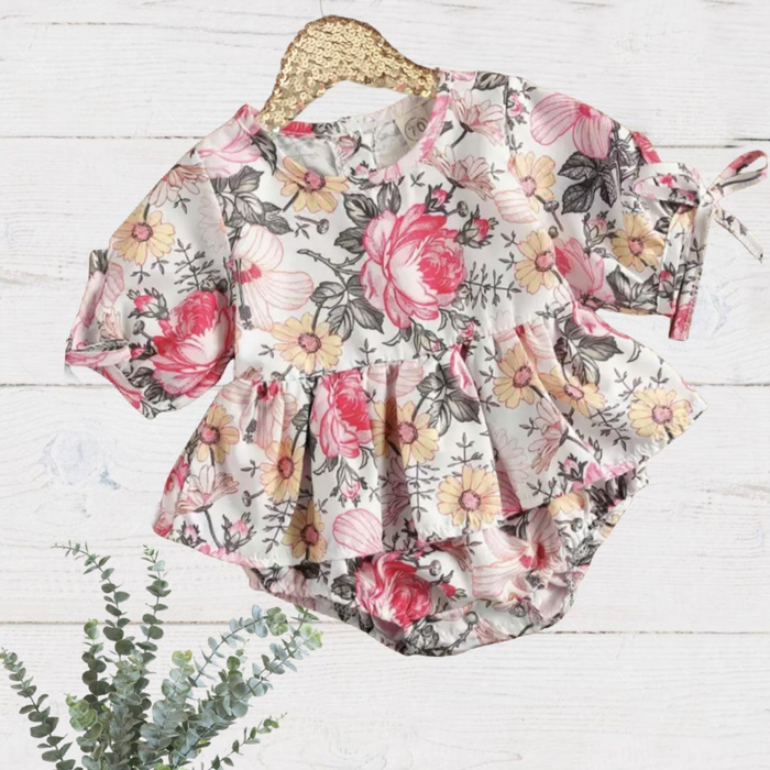 Girls Dusty Rose Floral Tie Sleeve Skirted Romper
