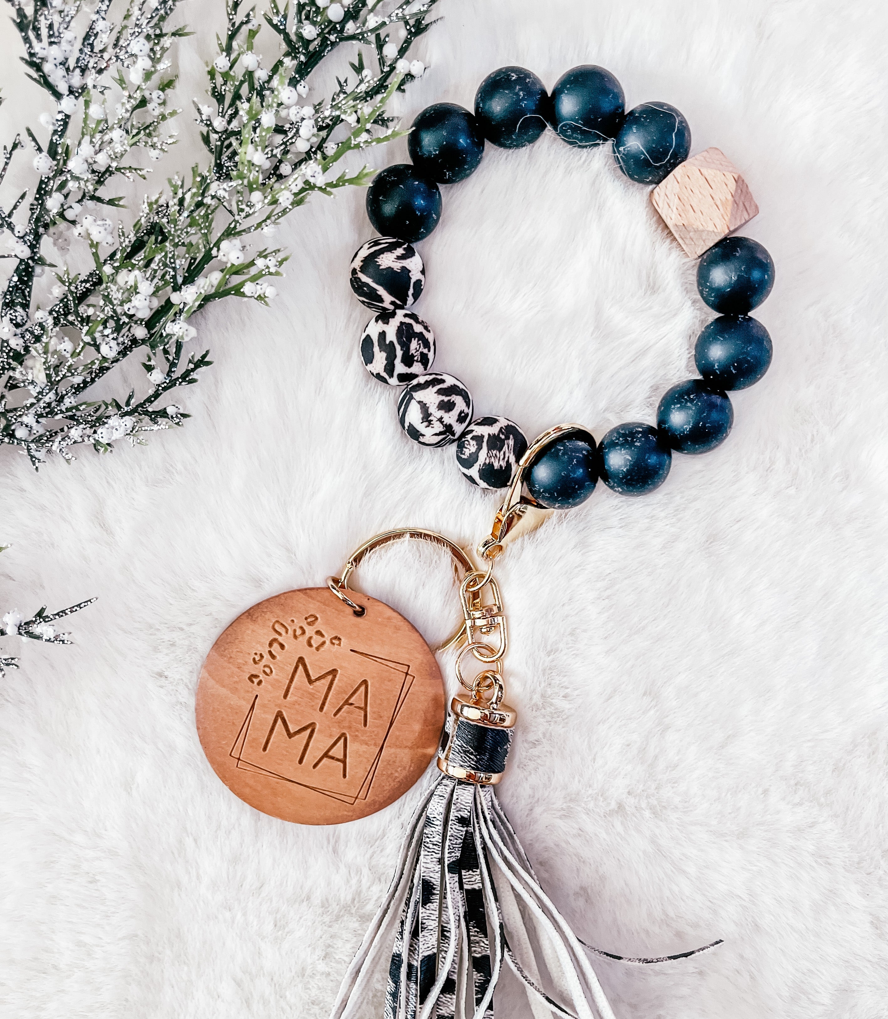 Trending Solid Black & Black Leopard Bracelet Key Chain - Mama