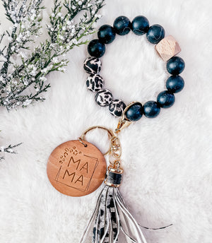 Trending Solid Black & Black Leopard Bracelet Key Chain - Mama