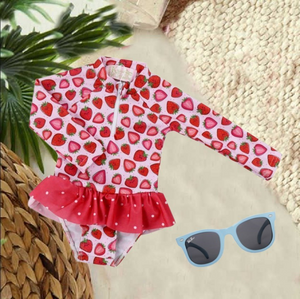 Matching - Strawberry - 1 Pc Zipper Skirted Swimsuit