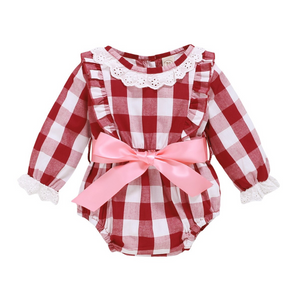 Baby Red Check Romper with Pink Ribbon