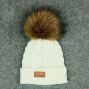 Kids Ivory Cable Single Pom Faux Fur Pom Hat - 11