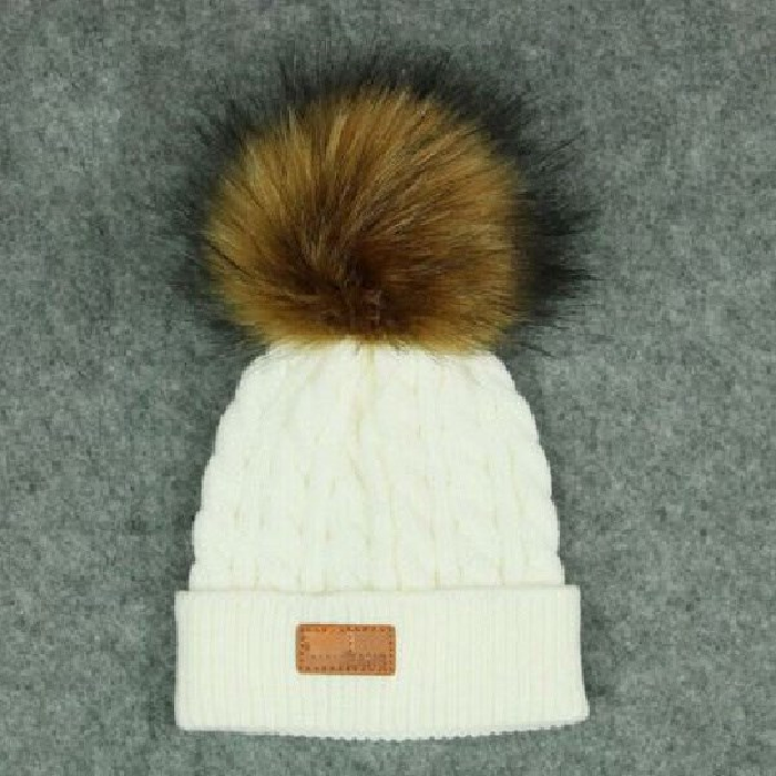 Kids Ivory Cable Single Pom Faux Fur Pom Hat - 11