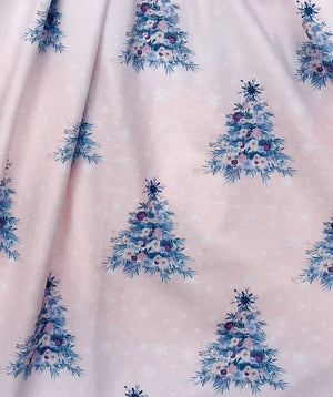 Girls Vintage Christmas Long Sleeved Night Gown - Pink With Purple Trees. Up close image of the trees.