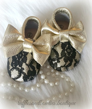 Baby Girl Lace leather Moccaisns - Gold with Black Lace Big Bow Leather Baby Moccasins - Baby Girl Moccasins - Bow Moccasins - Gold Bow Moccasins  - Soft Shoes - Lace Moccasins - Ruffles & Bowties Bowtique - 2