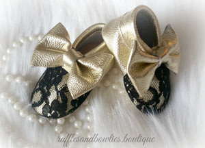 Baby Girl Lace leather Moccaisns - Gold with Black Lace Big Bow Leather Baby Moccasins - Baby Girl Moccasins - Bow Moccasins - Gold Bow Moccasins  - Soft Shoes - Lace Moccasins - Ruffles & Bowties Bowtique - 3