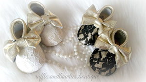 Baby Girl Lace leather Moccaisns - Gold with Black Lace Big Bow Leather Baby Moccasins - Baby Girl Moccasins - Bow Moccasins - Gold Bow Moccasins  - Soft Shoes - Lace Moccasins - Ruffles & Bowties Bowtique - 4