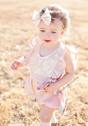 Baby Girls Elizabeth Dusty Pink Lace Ruffled Cap Sleeve Baby Romper/Jumper 
