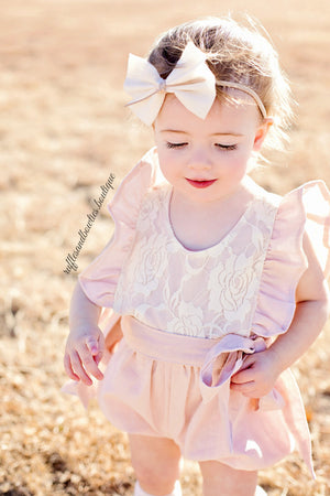 Baby Girls Elizabeth Dusty Pink Lace Ruffled Cap Sleeve Baby Romper/Jumper 