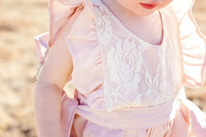 Baby Girls Elizabeth Dusty Pink Lace Ruffled Cap Sleeve Baby Romper/Jumper 