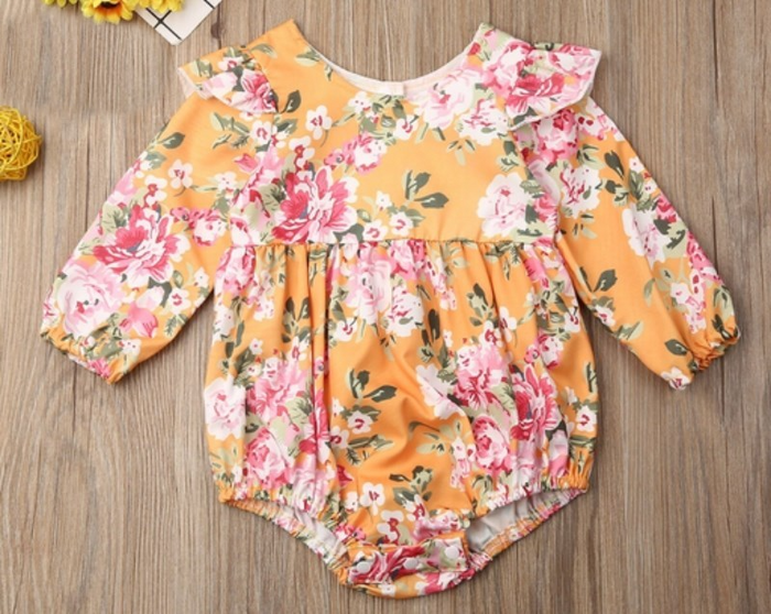 Girls Orange Floral Long Sleeve Romper