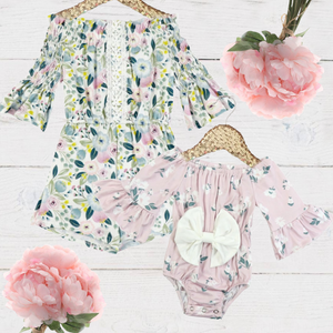 Kryssi Kouture Blue Watercolor Floral Lace & Floral Off Shoulder Romper
