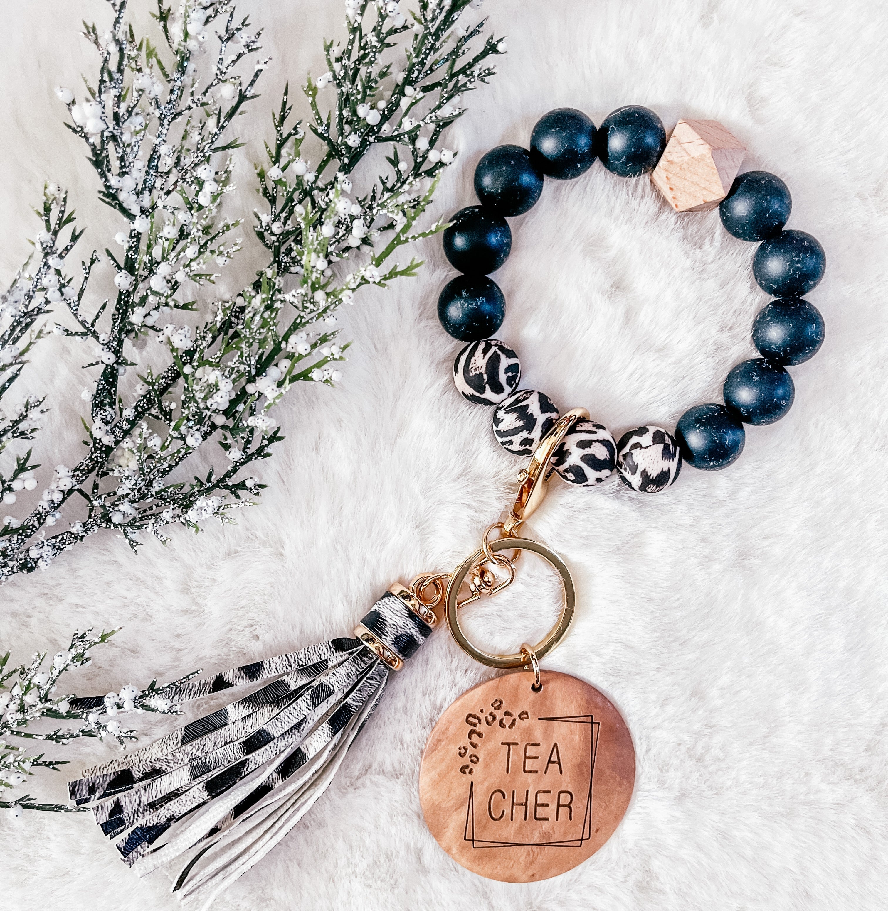 Trending Solid Black & Black Leopard Bracelet Key Chain - Teacher