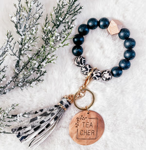 Trending Solid Black & Black Leopard Bracelet Key Chain - Teacher
