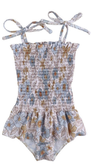 Girls Swimsuits - Blue & Tan Floral - 1 Pc Accordian