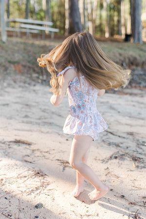 Girls Swimsuits - Blue & Tan Floral - 1 Pc Accordian