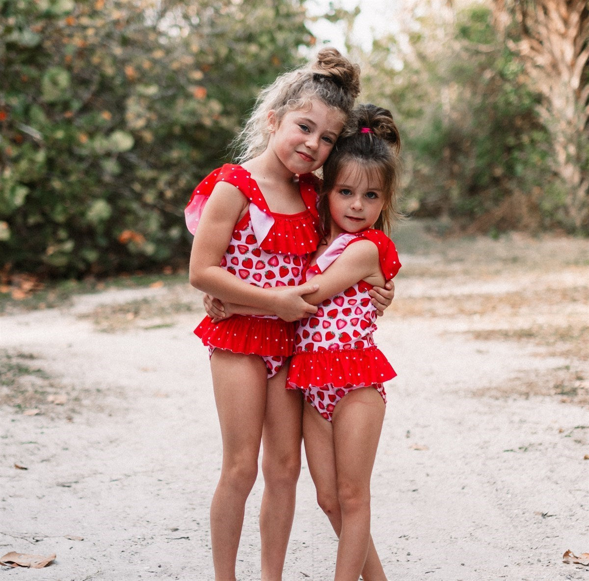 Sisters wearing the Matching - Strawberry - 1 Pc Zipper Ruffle Swimsuit