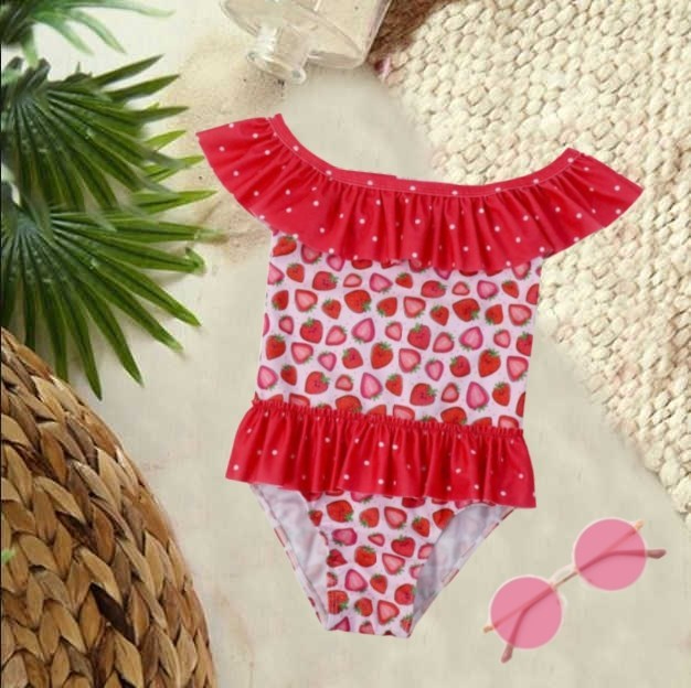 Matching - Strawberry - 1 Pc Zipper Ruffle Swimsuit