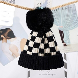Black Pom Black Checkered Knit Hat