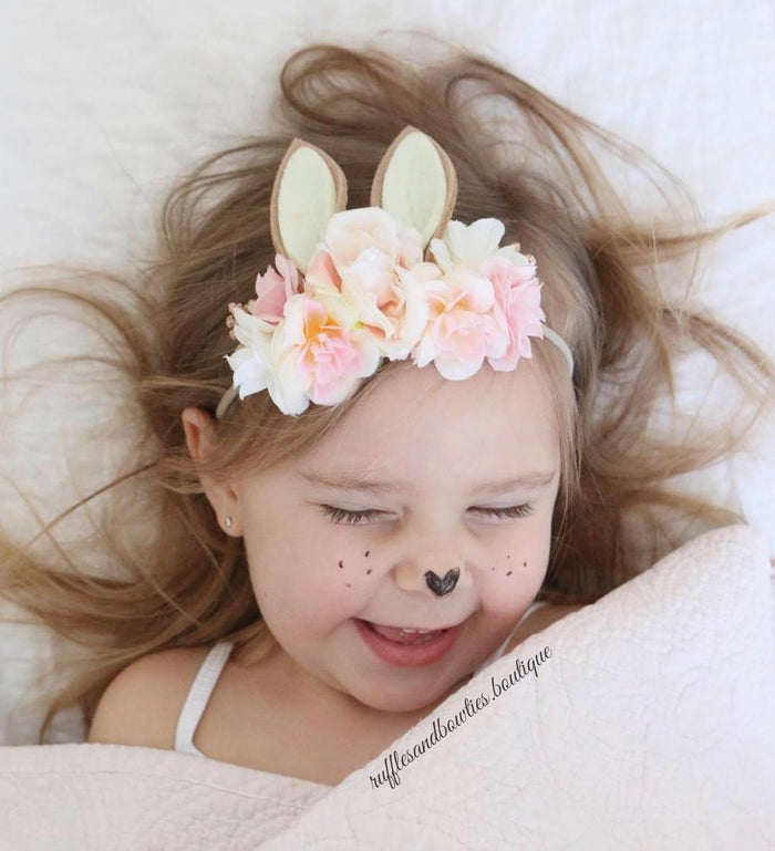 Girls Sweetest Bunny Ear Pastel Pink Easter Floral Headband