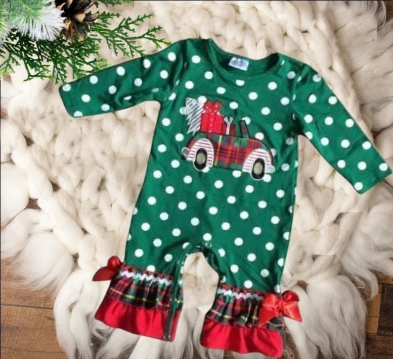 Baby & Toddler Ruffled Romper Jumpsuits - Green Polka Dot - Car. Red Plaid on feet area with a red bow, Car is red & green plaid with presents in the back.