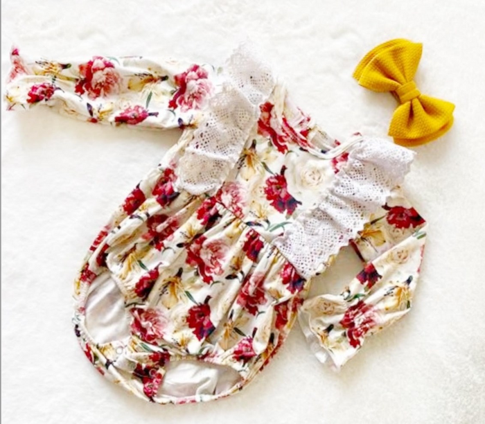 Girls Long Sleeve Red & Yellow Floral Romper