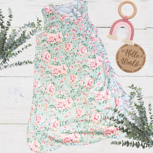 full length green vintage floral baby sleeveless sleep bag