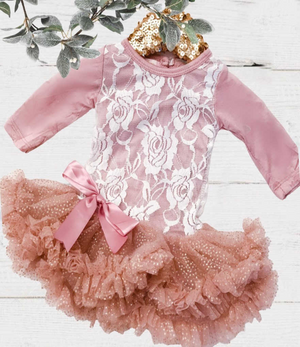 BEST SELLER - Dusty Rose White Lace Bodice - Pink Sparkle Tutu Dress