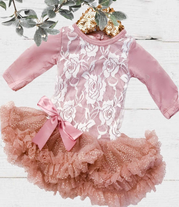 BEST SELLER - Dusty Rose White Lace Bodice - Pink Sparkle Tutu Dress