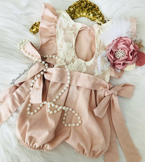 Baby Girls Elizabeth Dusty Pink Lace Ruffled Cap Sleeve Baby Romper/Jumper