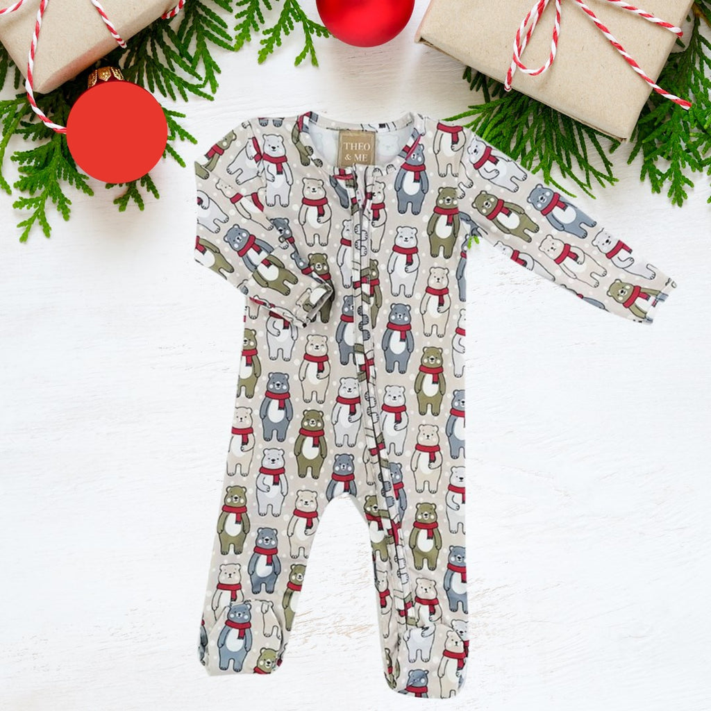 Holiday zippies sleepers with many different colored bears in red scarves behind a beige and star pattern