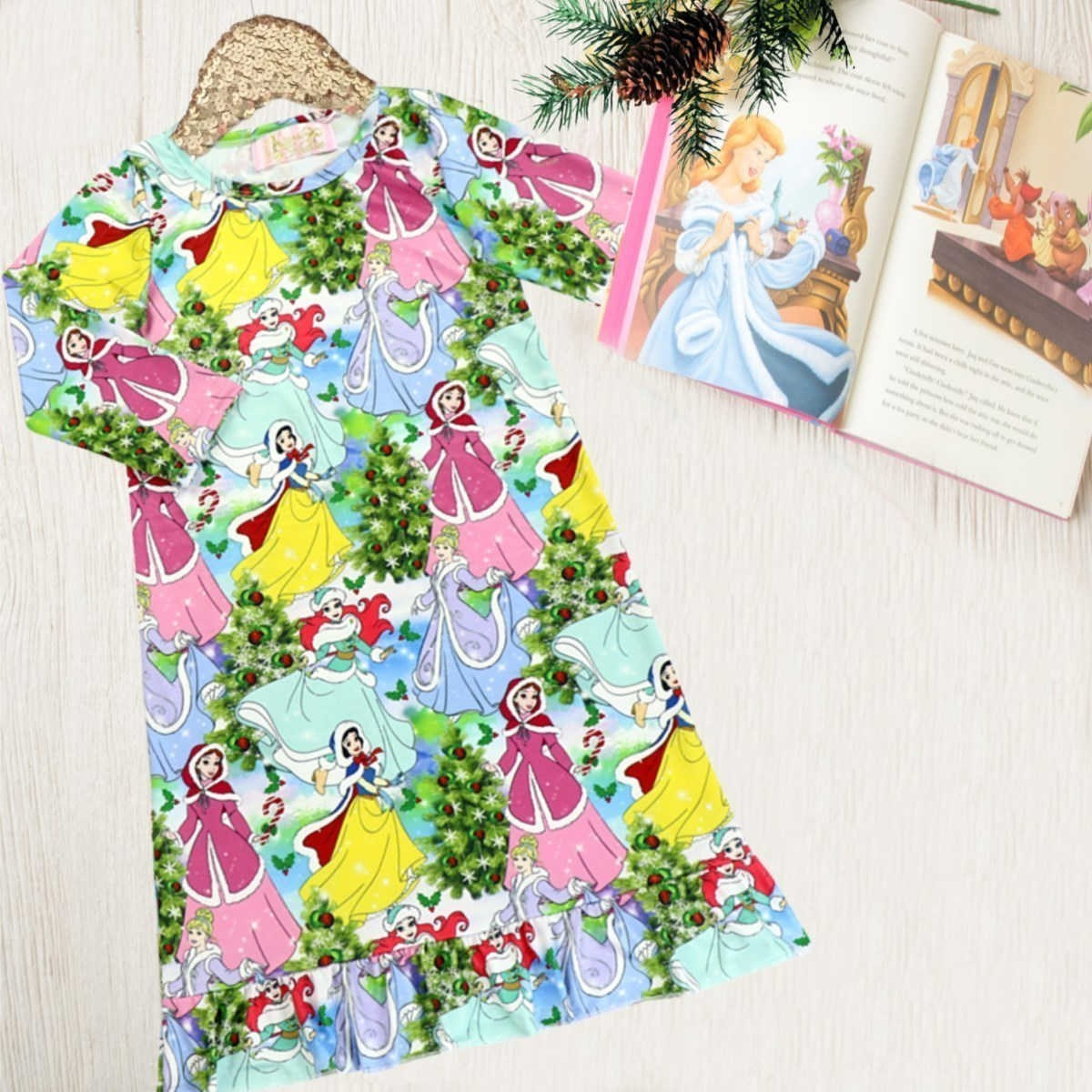 Girls Christmas Night Gowns - Blue Winter Princesses. Belle, Ariel, Cinderella & Snow White wearing their snow time capes. Including christmas trees.
