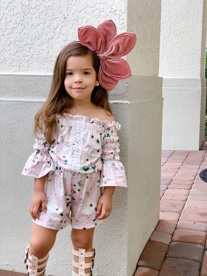 Kryssi Kouture Maisie Pink Polka Dot & Floral Off Shoulder Romper