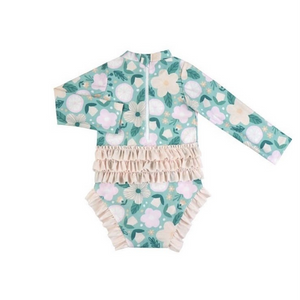 Girls Swimsuits - Mint Green Floral - 1 Pc Zip Ruffle Bum