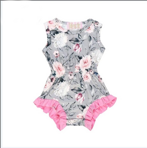 Girls Dark Grey Floral & Pink Ruffle Leg Romper