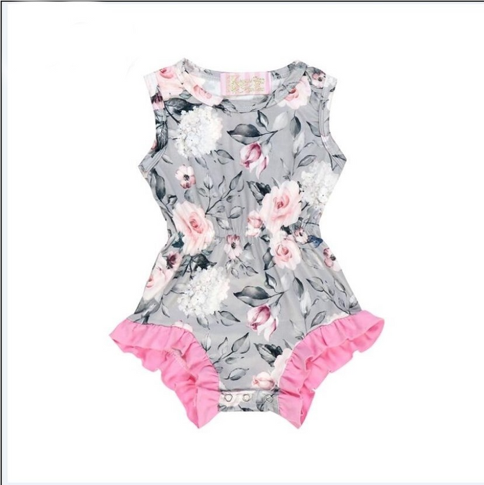 Girls Dark Grey Floral & Pink Ruffle Leg Romper