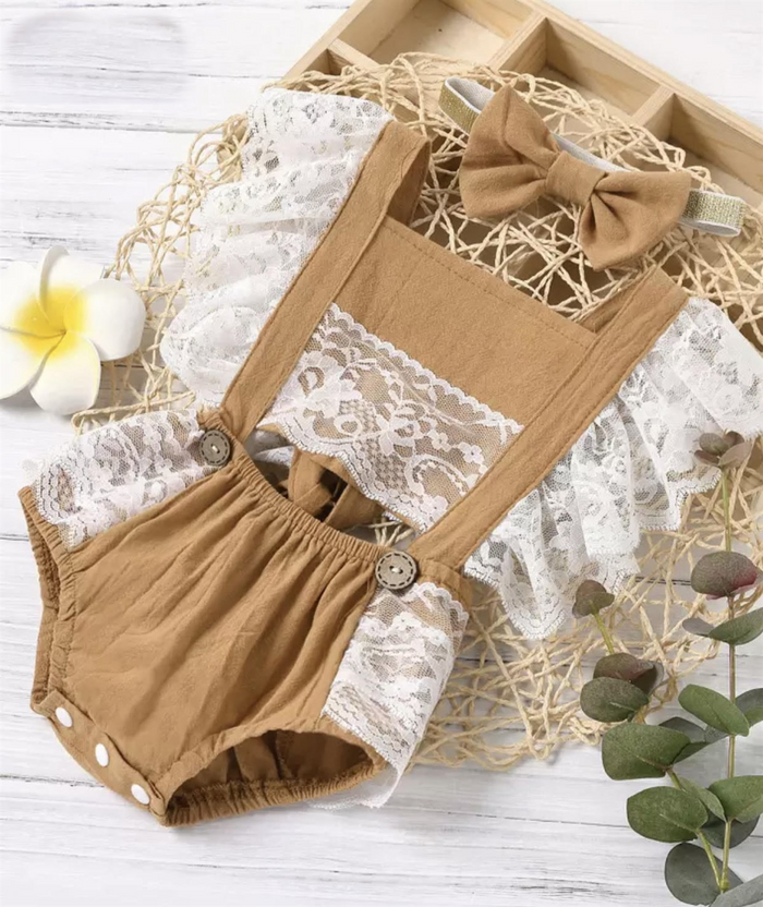 Girls Tan Lace Peek A Boo Romper