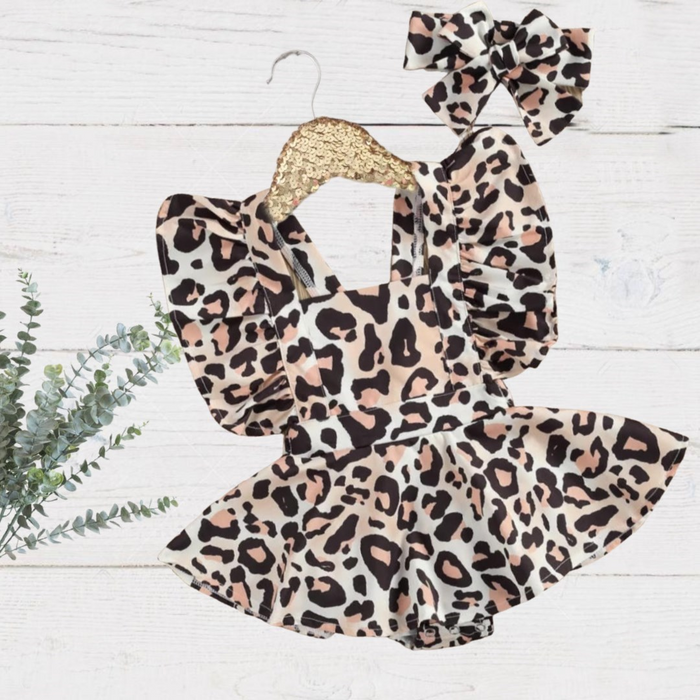 Girls Leopard Skirted Romper