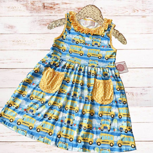 Girls Sky Blue Bus - Yellow Polka Pocket Dress