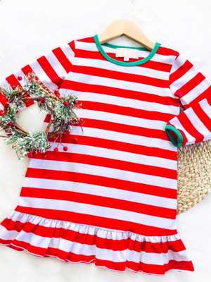 Girls Christmas Night Gowns - Red Stripe. With green detailing at neckline & wrist cuffs.