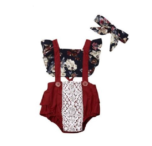 Girls Burgundy Floral Peek A Boo Romper