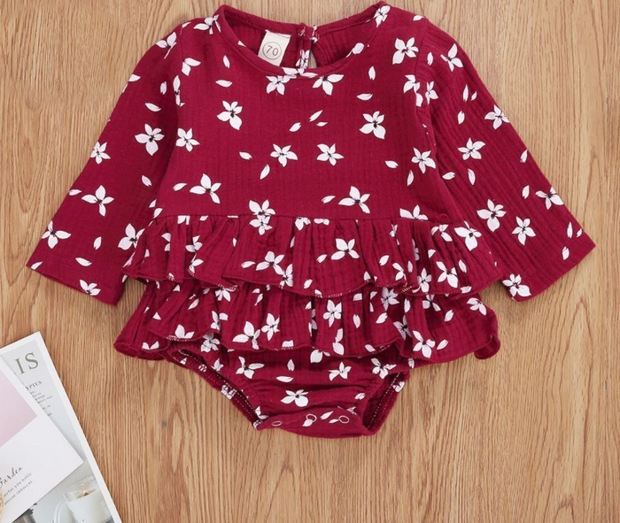 Girls Burgundy White Floral Romper
