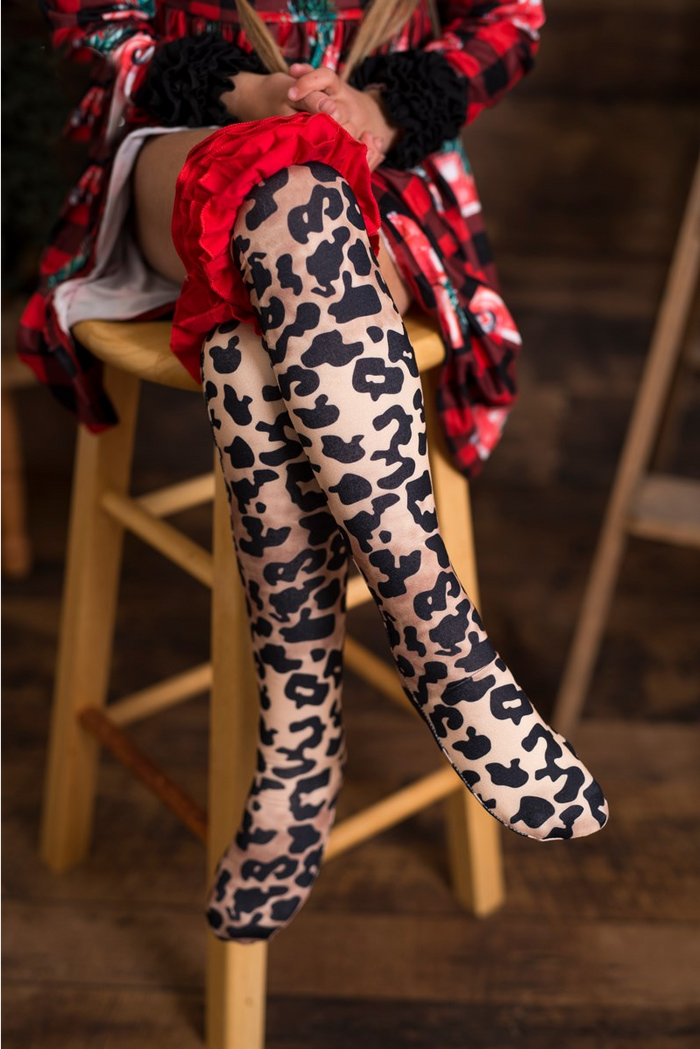 Girls Ruffle Knee Highs - Red Ruffle Leopard