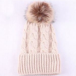 Kids Tan Cable Brown Pom Faux Fur Pom Hat - 16