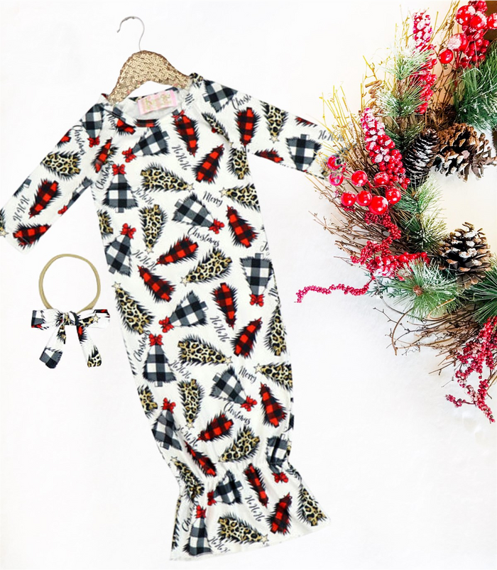 2 Pc Baby Holiday Leopard Trees Sleep Gown with Headband