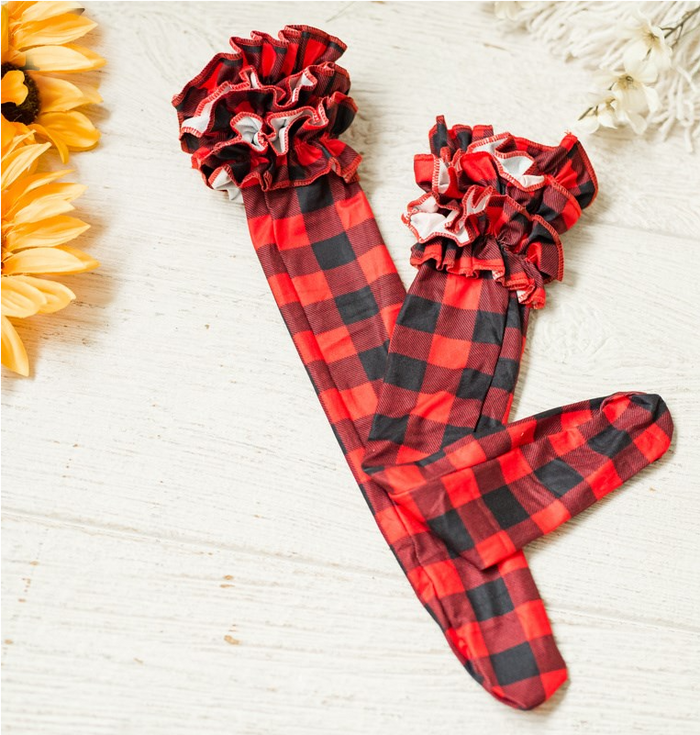 Girls Ruffle Knee Highs - Full Buffalo Plaid