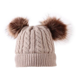 Kids Tan Cable Double Brown Pom Faux Fur Pom Hat - 17