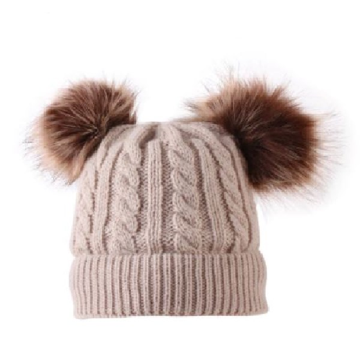 Kids Tan Cable Double Brown Pom Faux Fur Pom Hat - 17
